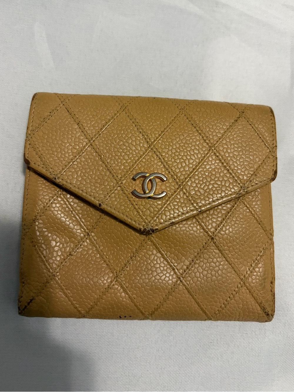 CHANEL Camel Quilted Caviar Leather Wallet with CC Turnlock